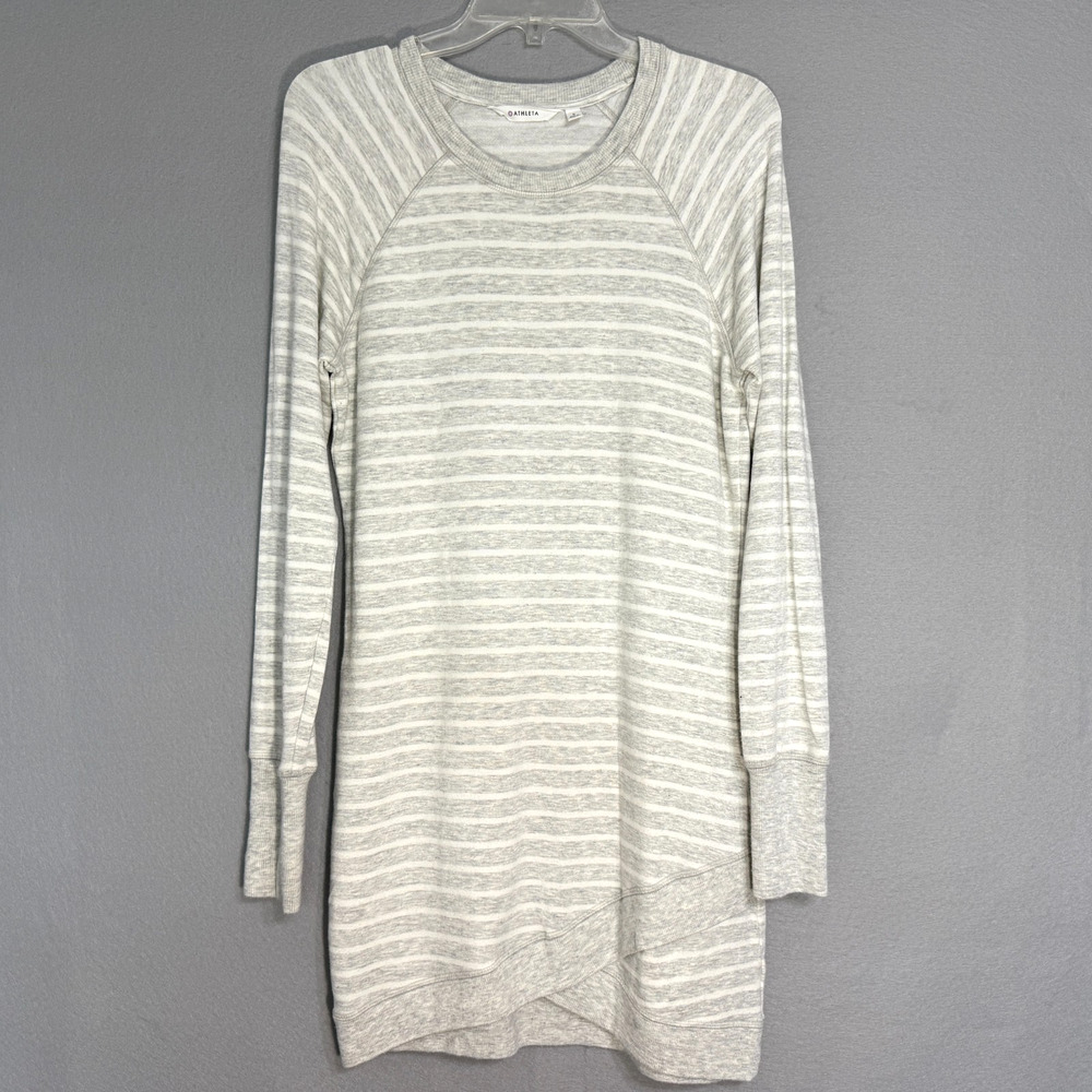 Athleta Striped‎ Sweatshirt Dress Womens Size S Gray White Athleisure Tulip Hem